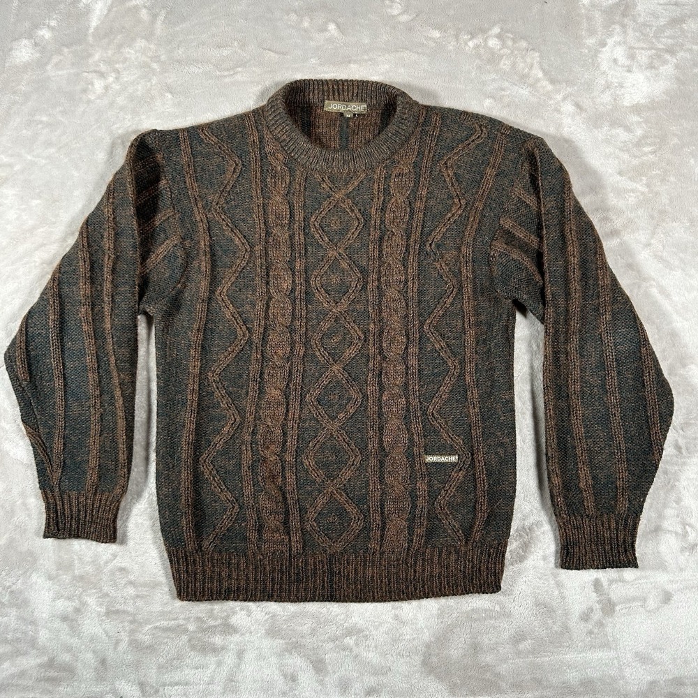 VTG Jordache Cable Knit Sweater Mens M Brown Mohair Wool Coogi-Style 3D Textured